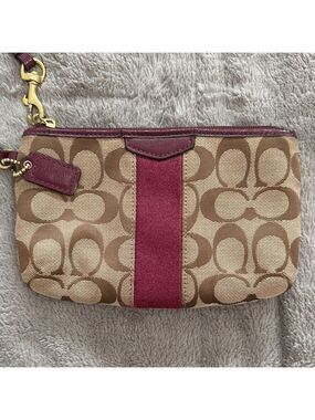 Coach Canvas Wristlet with Burgundy Stripe and Tan Logo